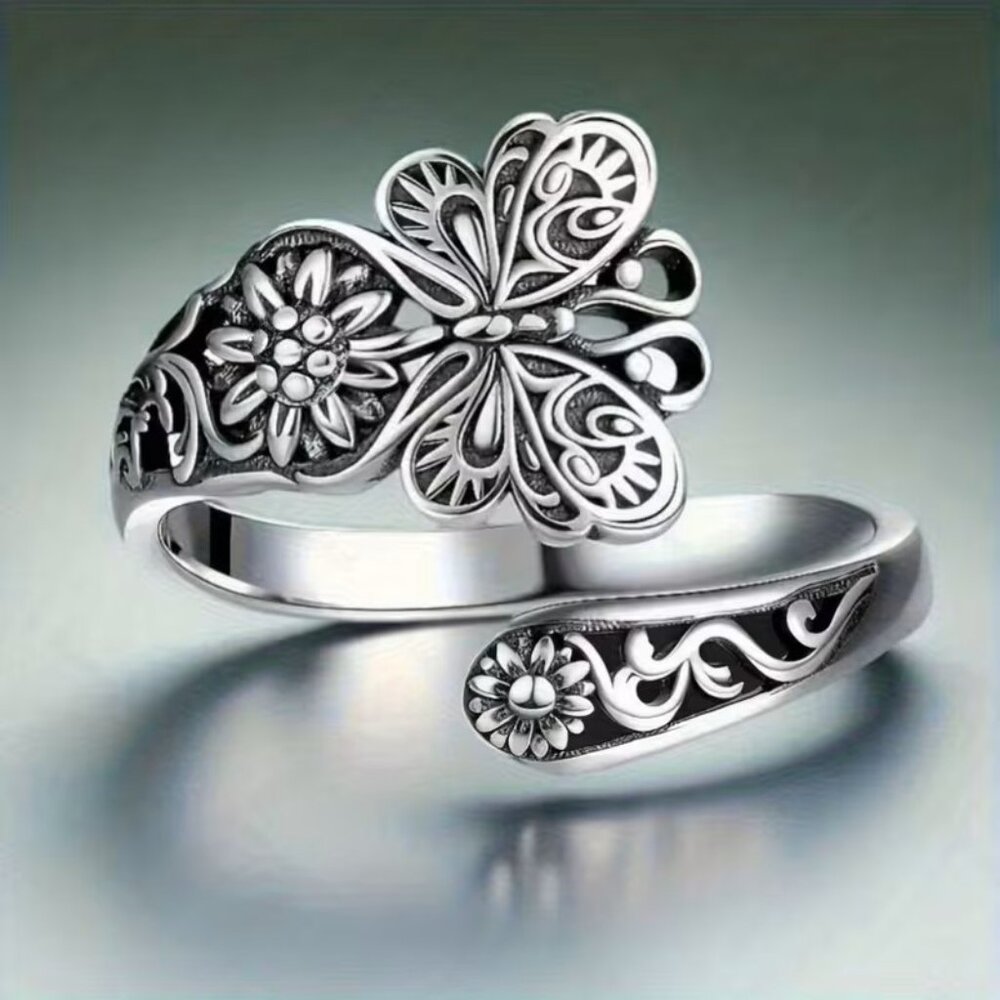 Vintage Style Butterfly Floral Design Bohemian Adjustable Open Ring Z1